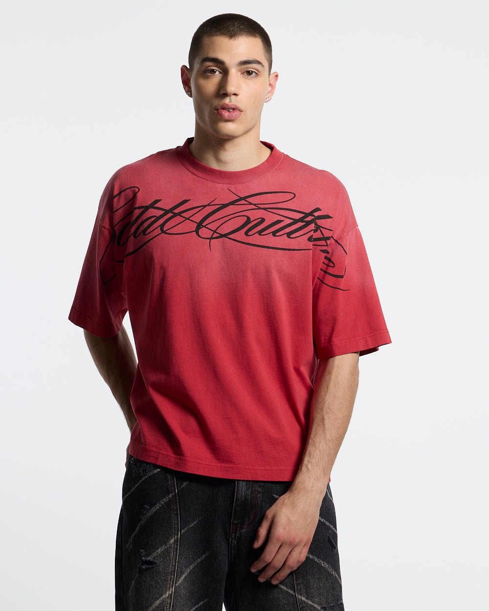 CROSSED SCRIPT TEE RED - washed red tee, front view on male model - Cold Culture #man