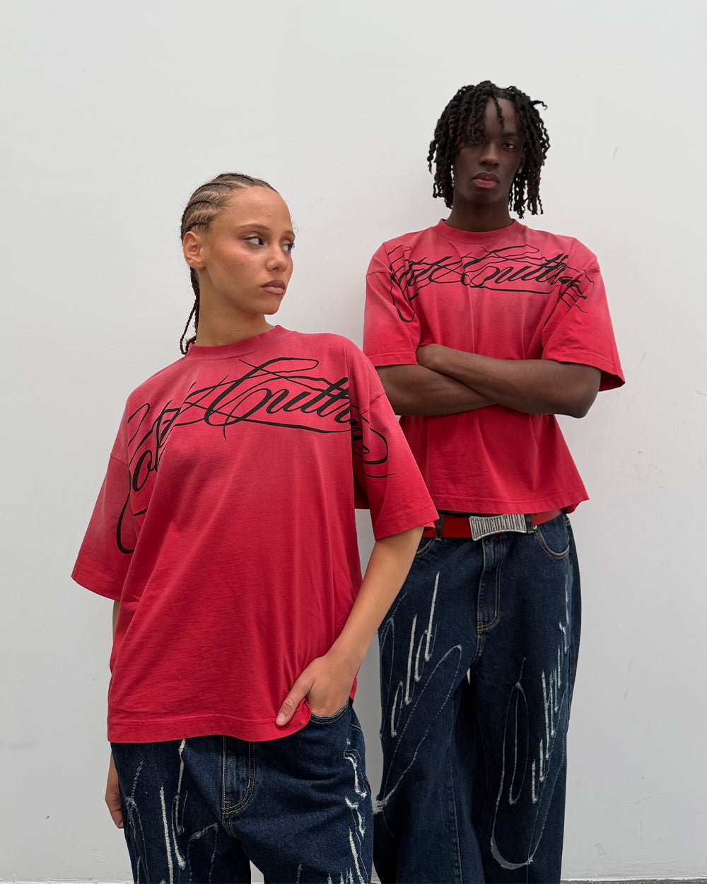 CROSSED SCRIPT TEE RED - washed red tee, street style shot - Cold Culture #woman