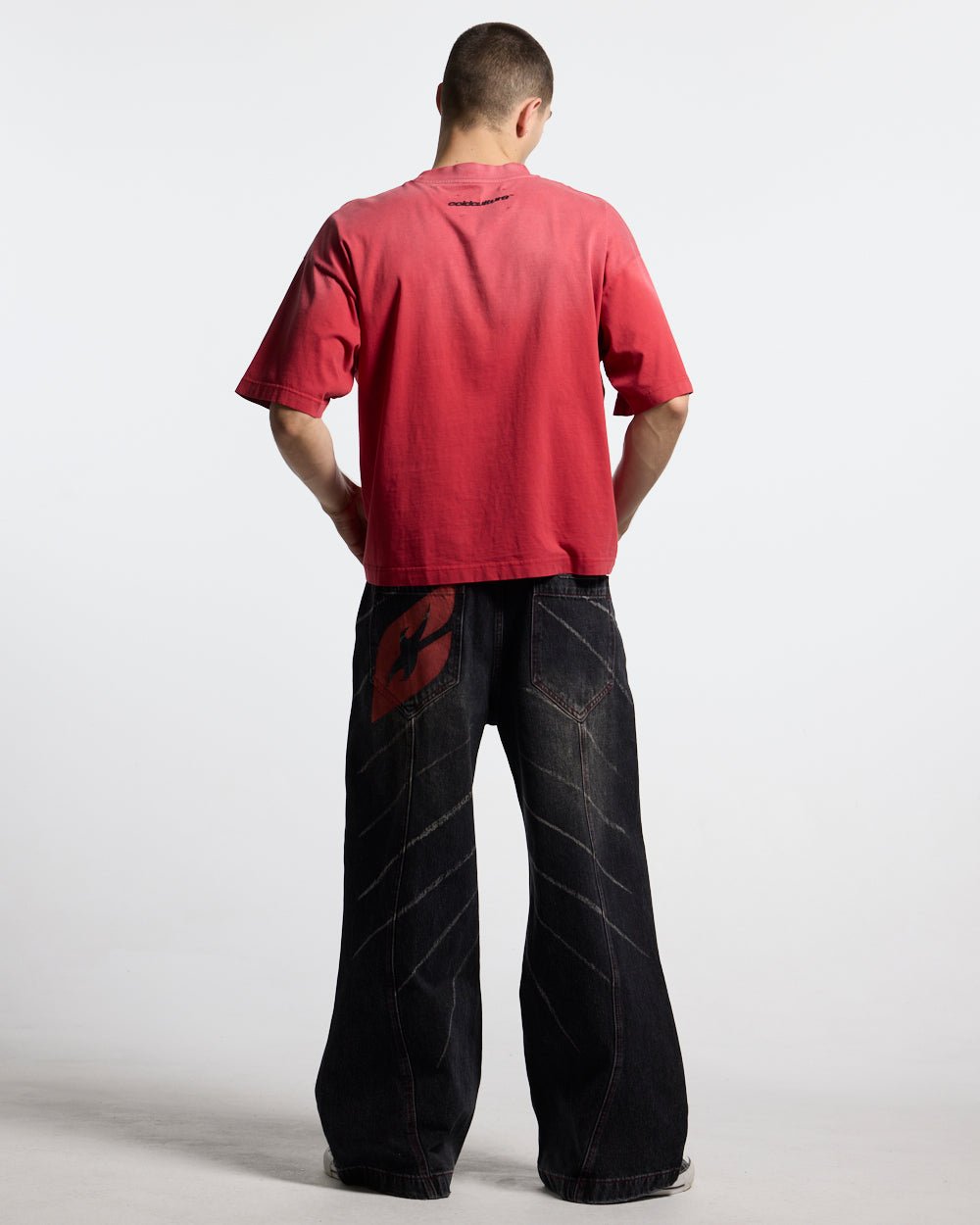 CROSSED SCRIPT TEE RED - washed red tee, back view on male model - Cold Culture #man