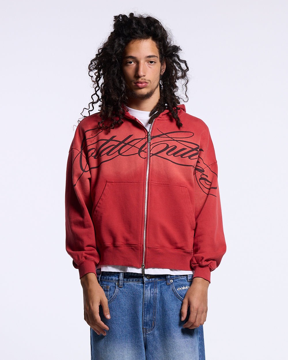 CROSSED SCRIPT ZIP HOODIE RED - Cold Culture #man