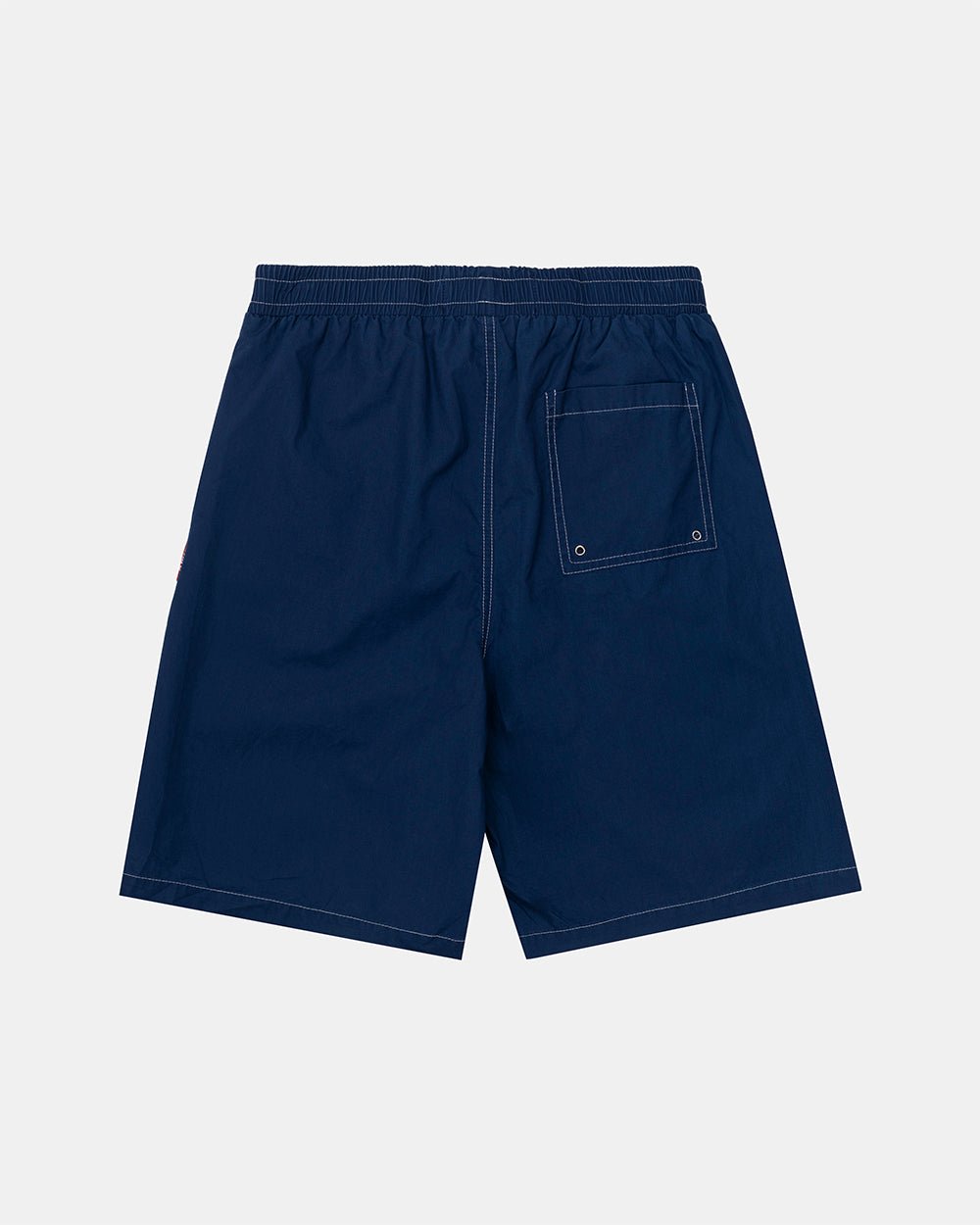 CROSSED SWIMSHORTS BLUE - navy gothic print swim shorts, back view - Cold Culture #packshot