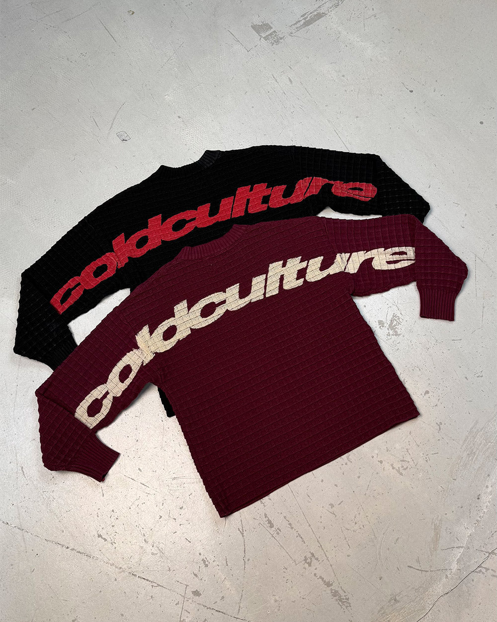 CRUNCHY WAFFLE KNIT BURGUNDY - burgundy waffle knit sweater, flat lay with matching pieces - Cold Culture