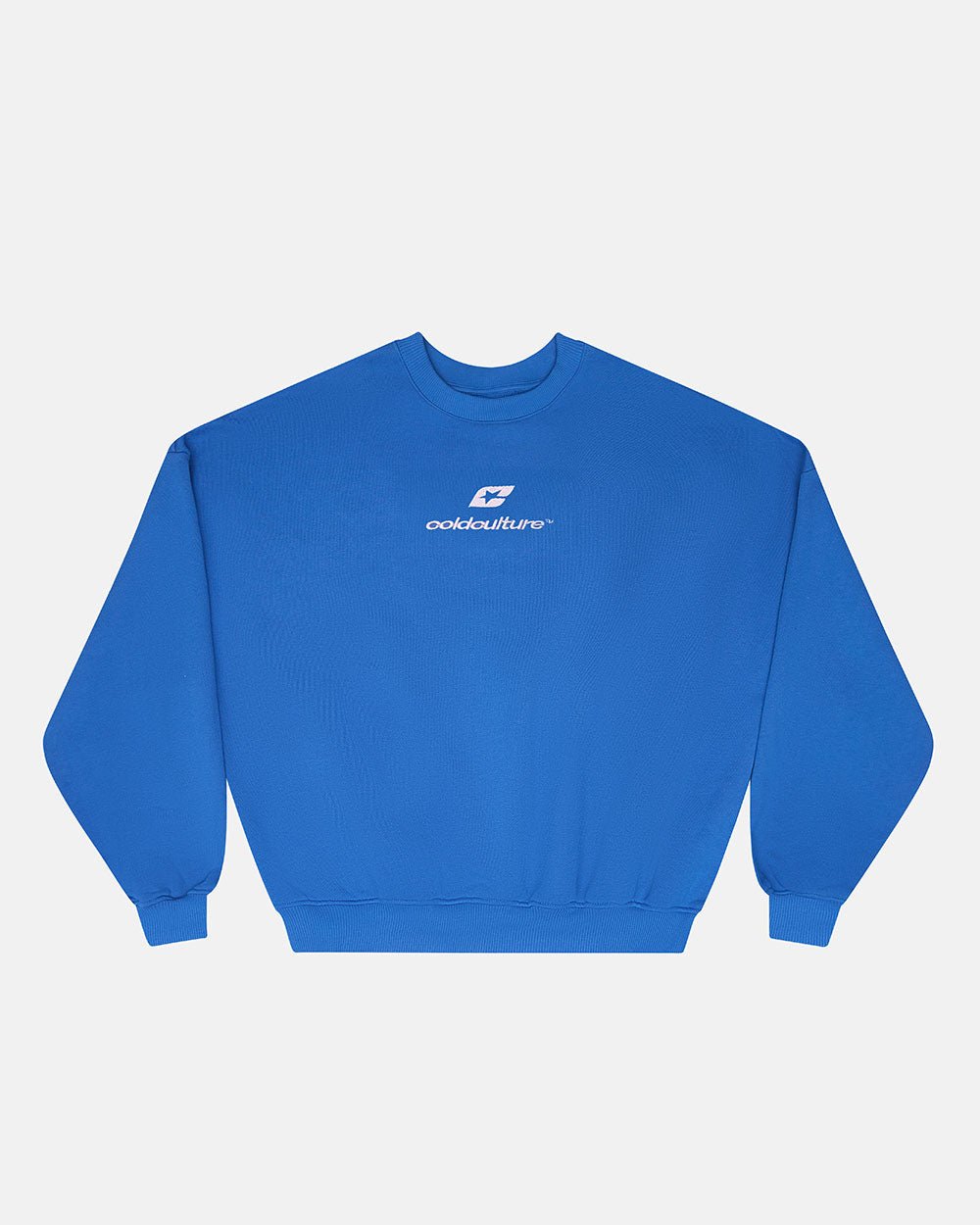 CURVED CREWNECK BLUE - blue oversized crewneck sweatshirt, front view - Cold Culture #packshot