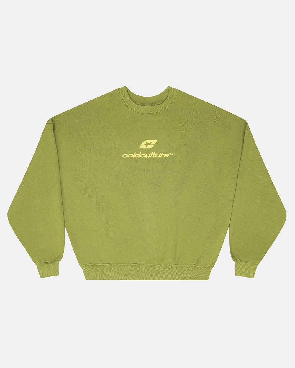 CURVED CREWNECK LIGHT GREEN - light green oversized crewneck sweatshirt, front view - Cold Culture #packshot