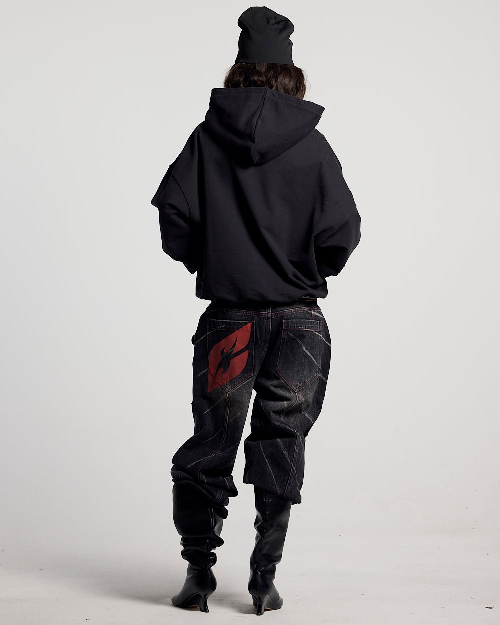 CURVED FRONT HOODIE BLACK - black graphic print hoodie, back view on female model - Cold Culture #woman