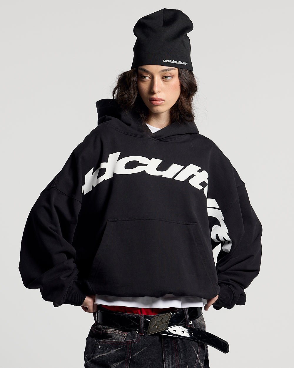 CURVED FRONT HOODIE BLACK - black graphic print hoodie, front view on female model - Cold Culture #woman