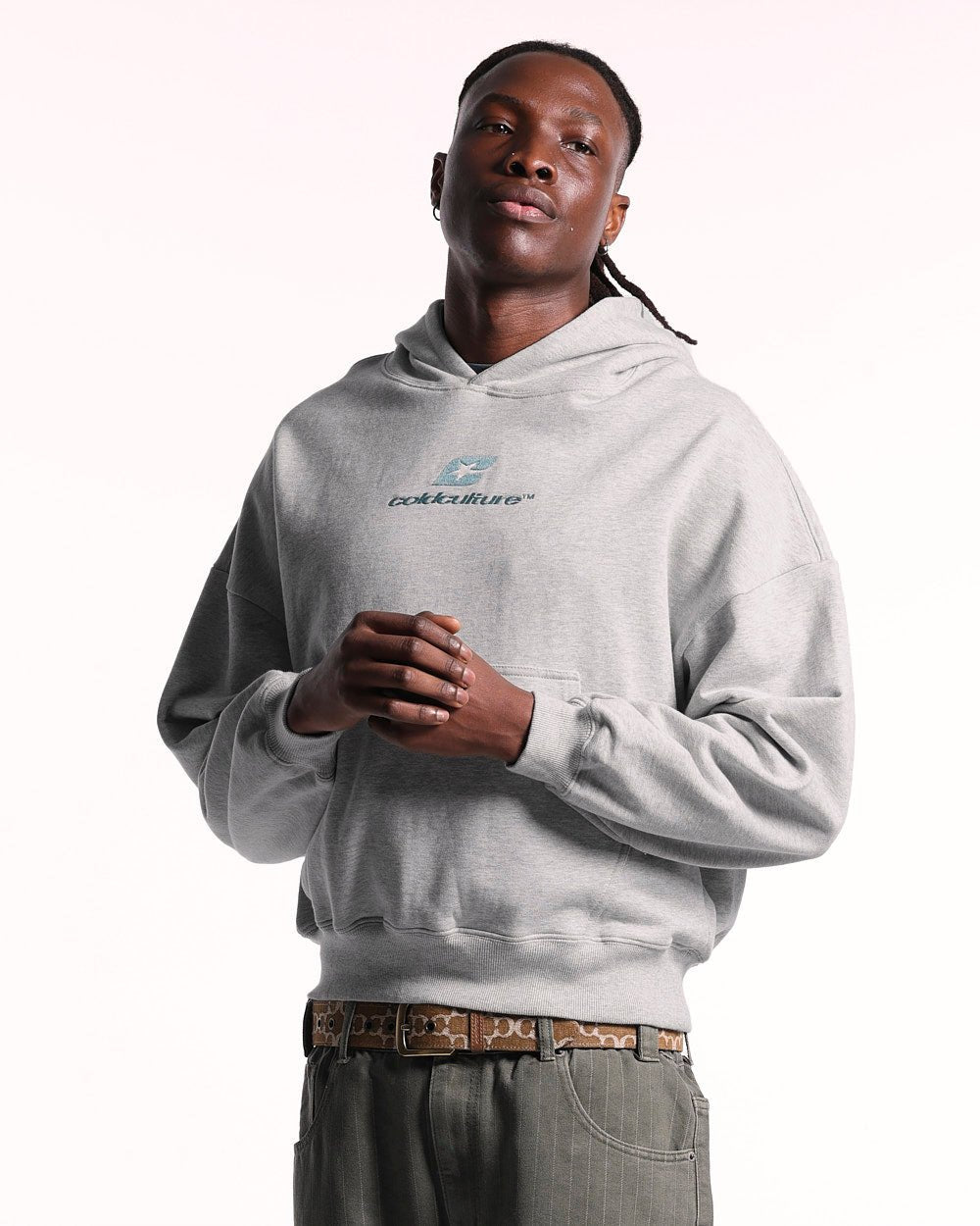 CURVED HOODIE ASH GREY - grey oversized hoodie, front view on male model - Cold Culture #man