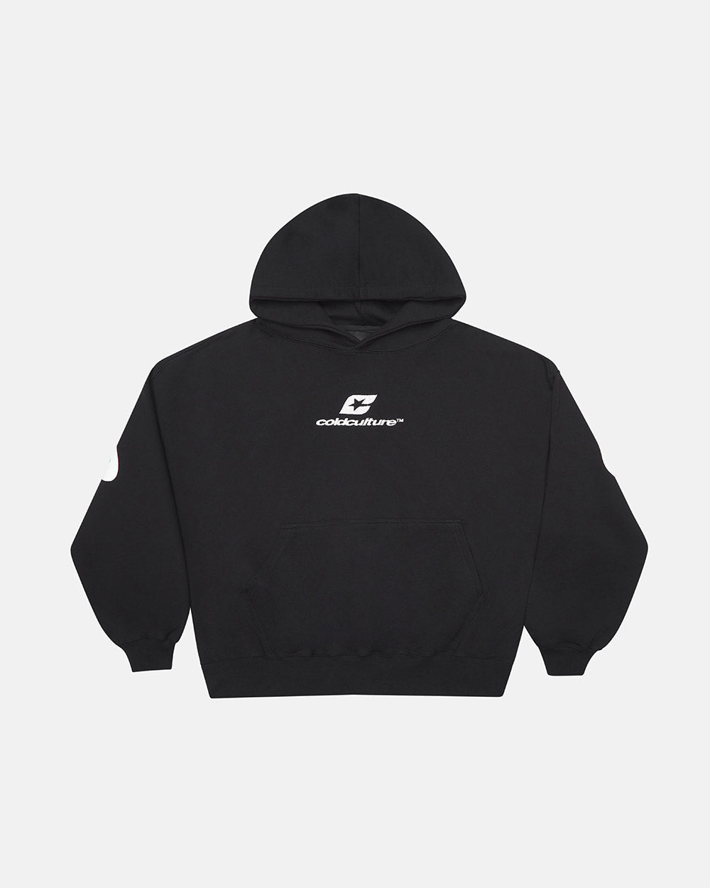 CURVED HOODIE BLACK AND WHITE - black oversized hoodie, front view - Cold Culture #packshot
