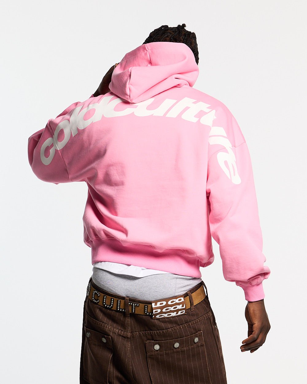 CURVED HOODIE PINK - pink oversized hoodie, back view on male model - Cold Culture