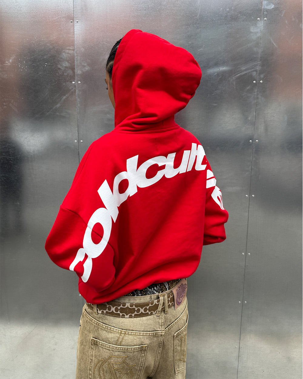 CURVED HOODIE RED - red oversized hoodie, street style shot - Cold Culture