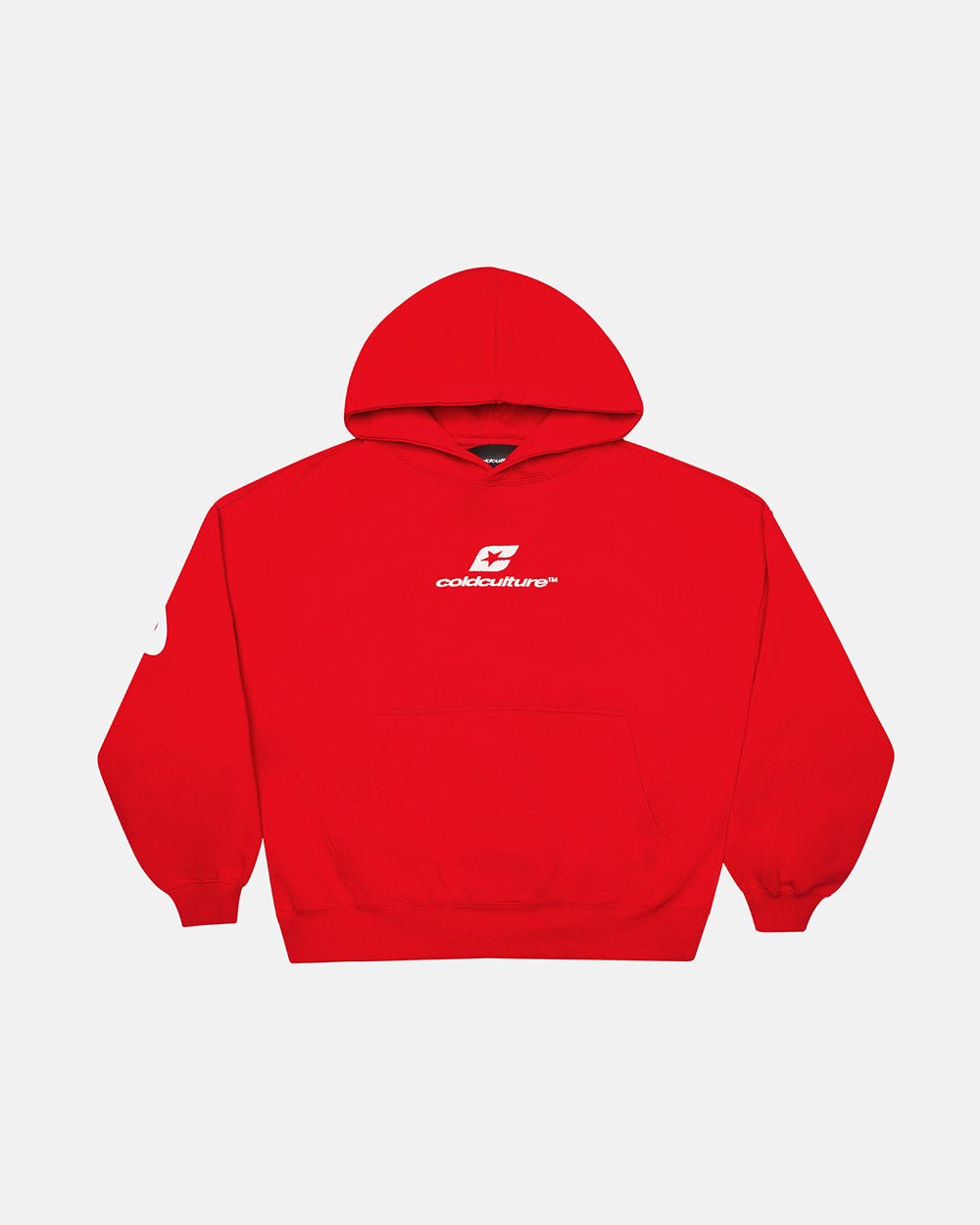 CURVED HOODIE RED - red oversized hoodie, front view - Cold Culture #packshot