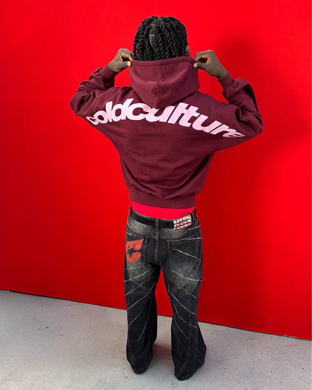 CURVED HOODIE WINE RED - wine red oversized hoodie, back view on male model - Cold Culture