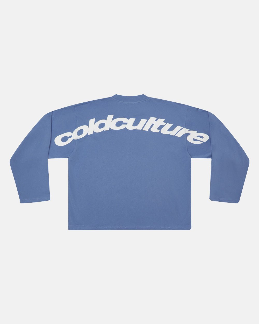 CURVED LONGSLEEVE BLUE - blue oversized longsleeve tee, back view - Cold Culture #packshot