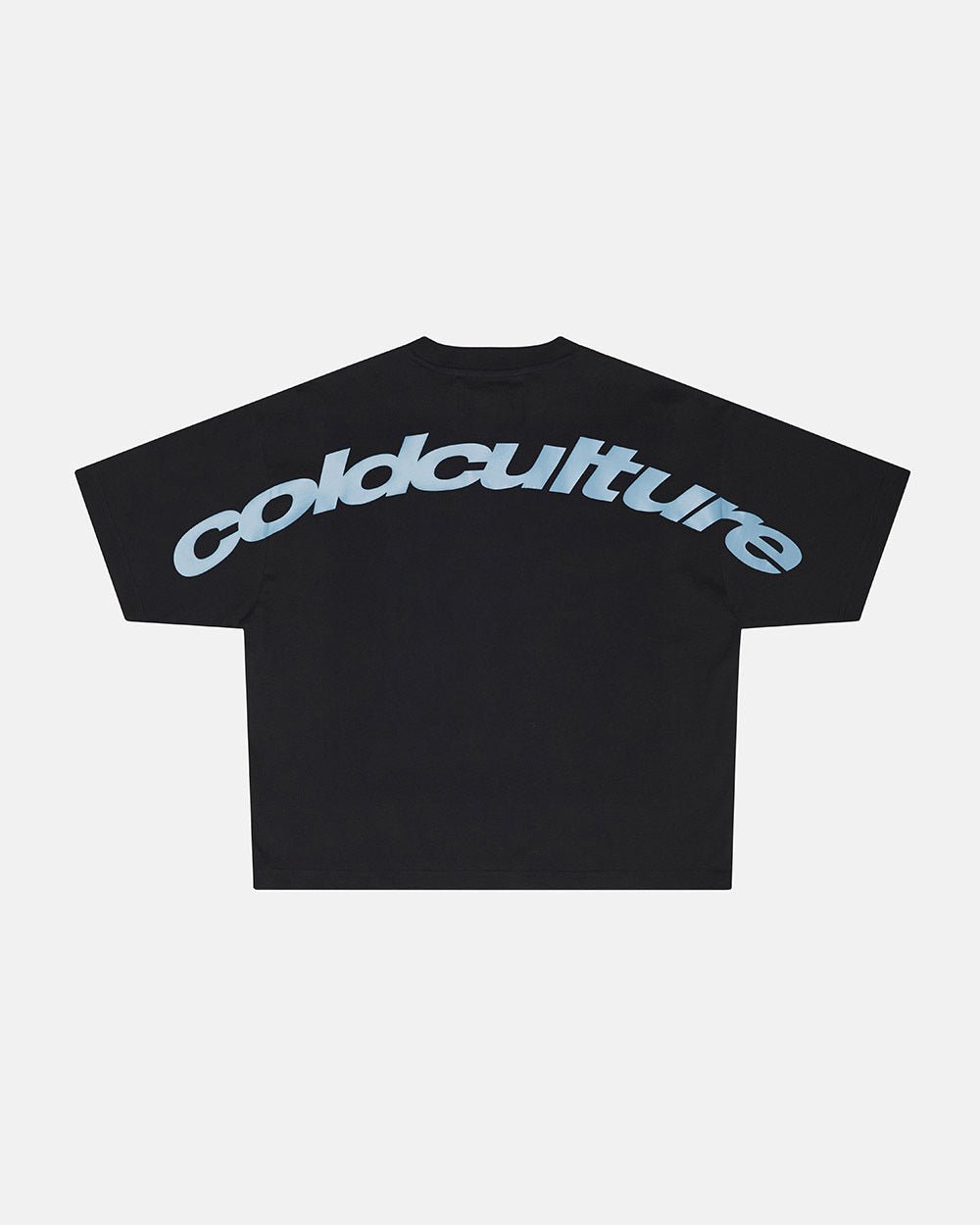 CURVED TEE BLACK & BLUE - black oversized tee, back view - Cold Culture #packshot