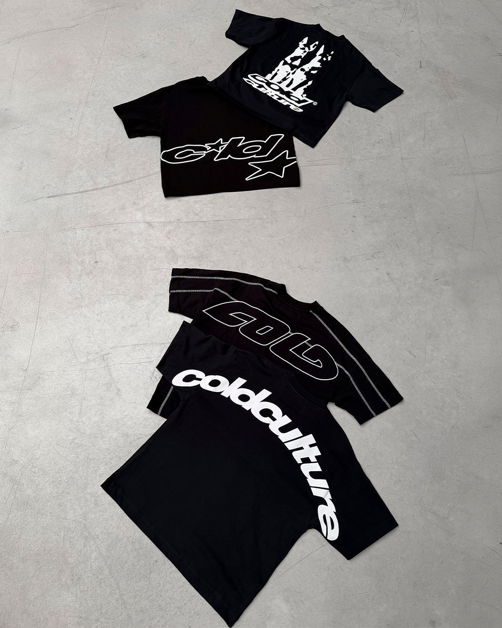 CURVED TEE BLACK & WHITE - black graphic print tee, flat lay with matching pieces - Cold Culture