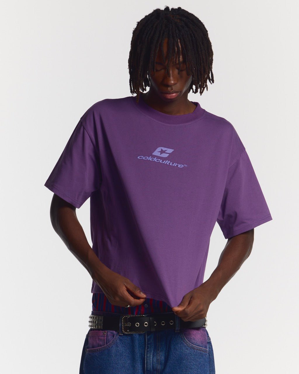CURVED TEE BURGUNDY & PURPLE - purple oversized tee, front view on male model - Cold Culture #man