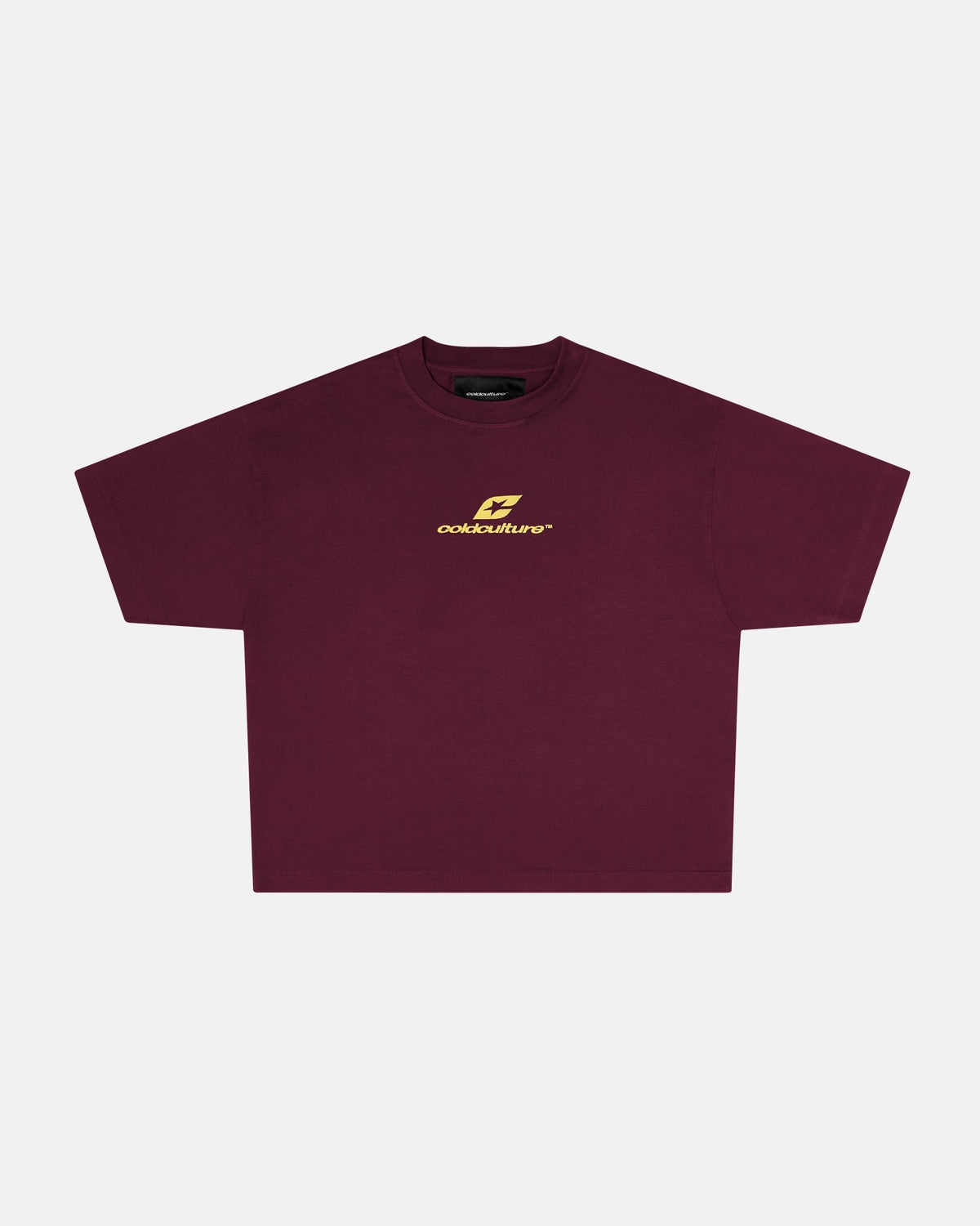 CURVED TEE BURGUNDY & YELLOW - burgundy oversized tee, front view - Cold Culture #packshot