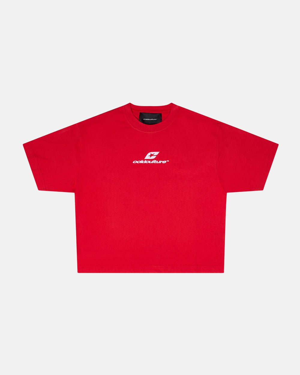 CURVED TEE RACING RED - red oversized tee, front view - Cold Culture #packshot