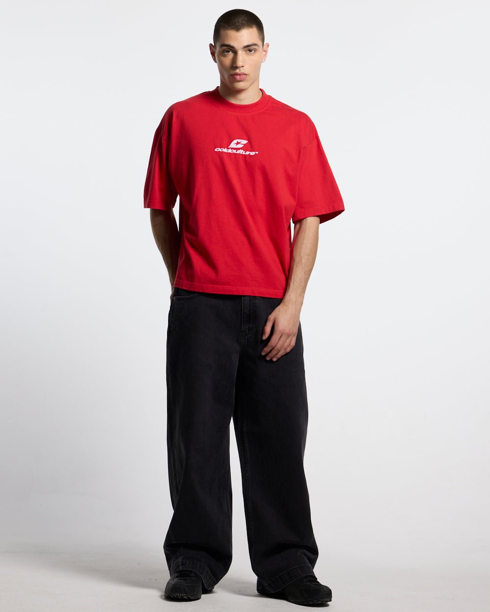 CURVED TEE RACING RED - red oversized tee, front view on male model - Cold Culture #man
