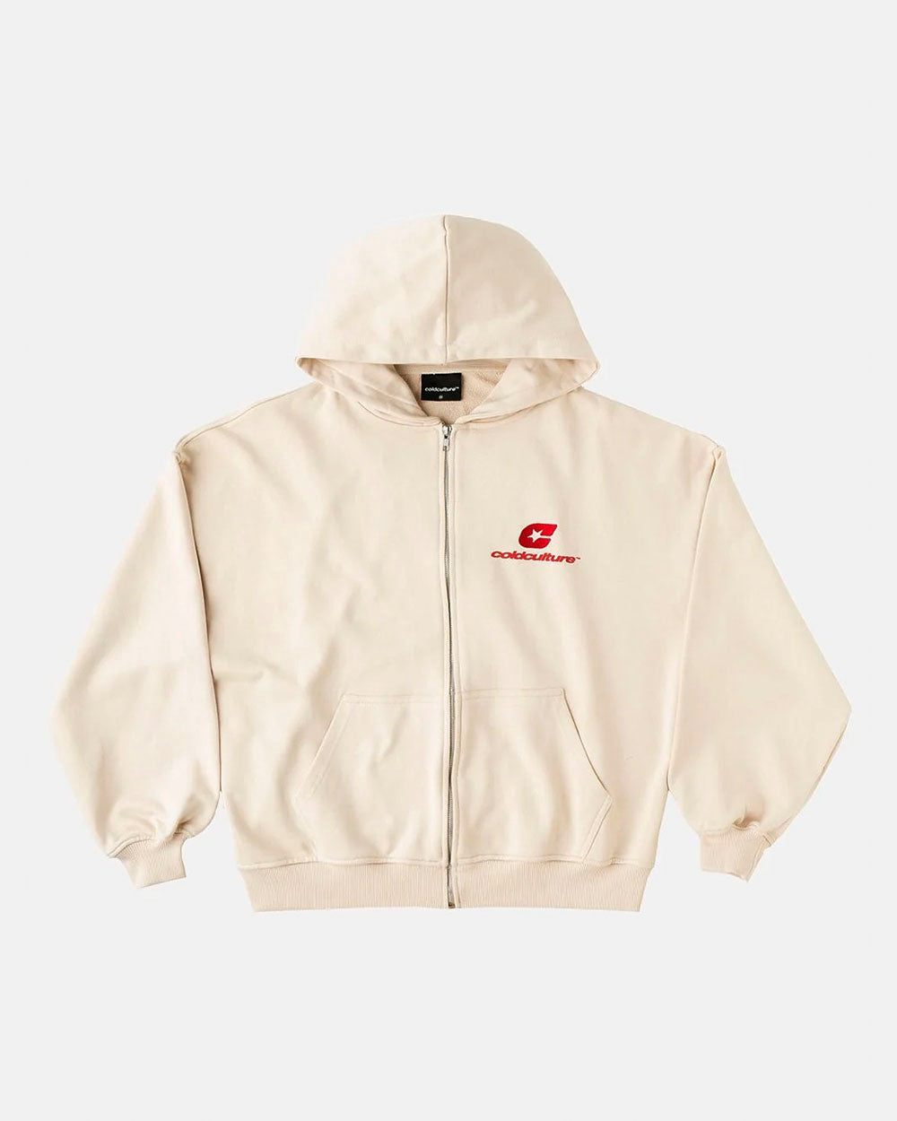 CURVED ZIP HOODIE CREAM - cream logo print zip hoodie, front view - Cold Culture #packshot
