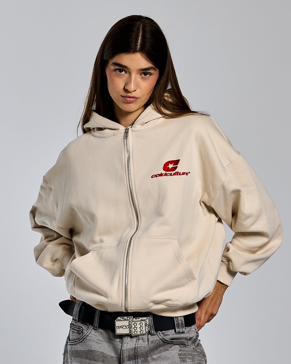 CURVED ZIP HOODIE CREAM - cream logo print zip hoodie, front view on female model - Cold Culture #woman