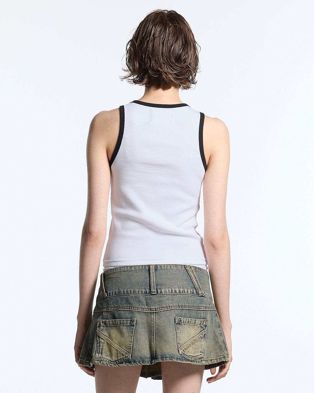 CUTE TANK TOP WHITE - white contrast trim tank top, back view on female model - Cold Culture #woman