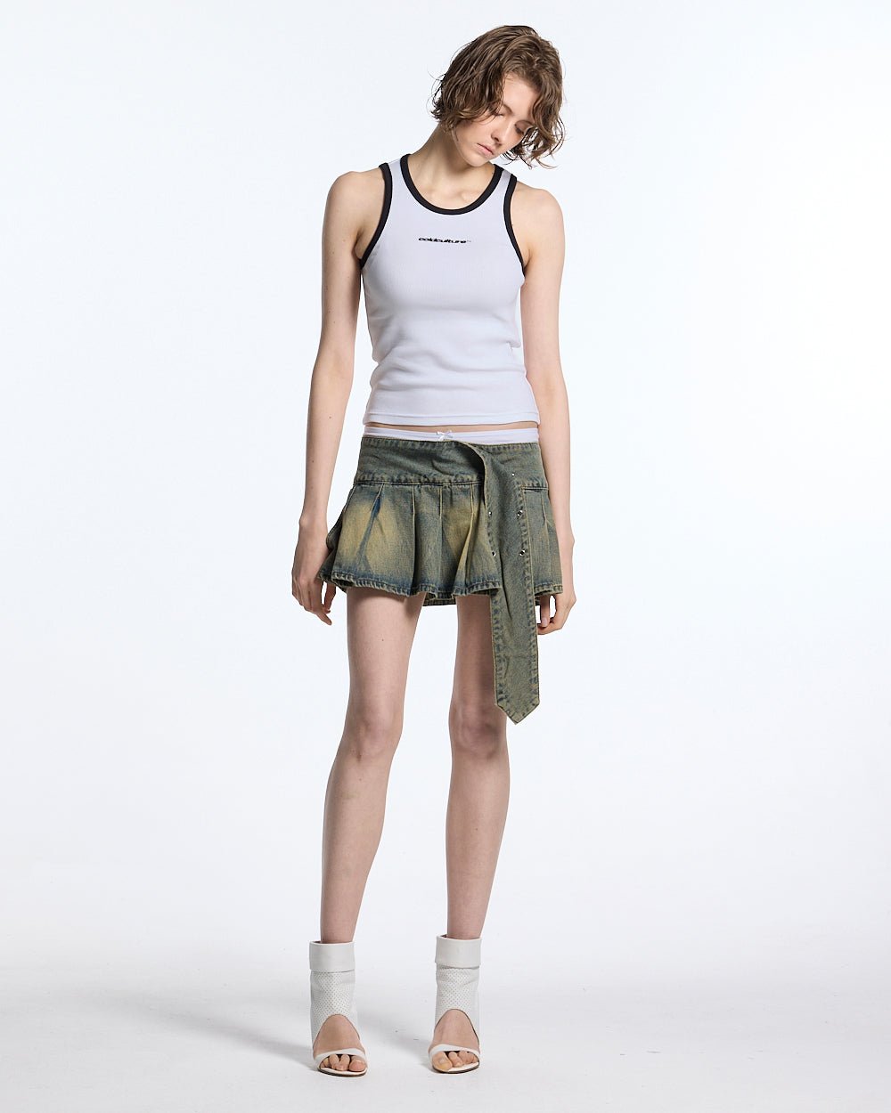 CUTE TANK TOP WHITE - white contrast trim tank top, front view on female model - Cold Culture #woman