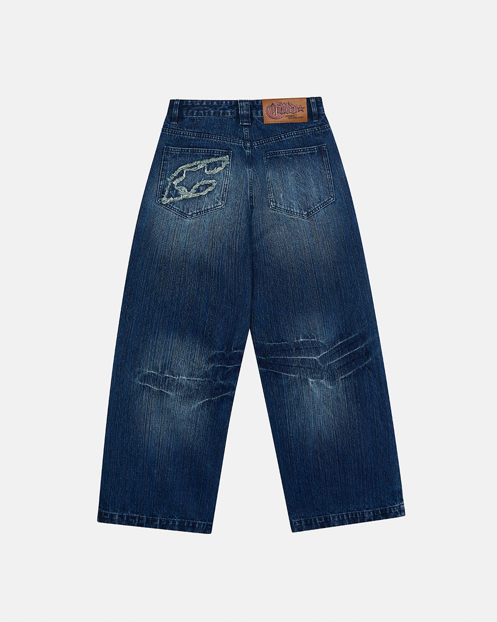 D-STRESSED V3 PANTS WASHED DENIM - distressed washed denim pants, back view - Cold Culture #packshot
