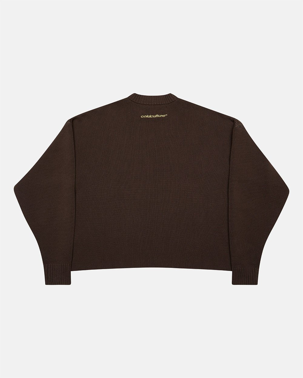 DAILY KNIT BROWN - brown graphic print knit sweater, back view - Cold Culture #packshot