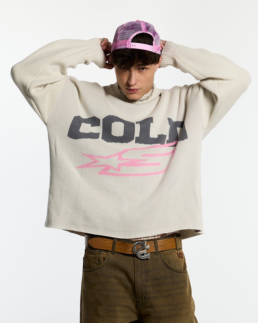 DAILY KNIT GREY - light grey graphic print knit sweater, front view on male model - Cold Culture #man