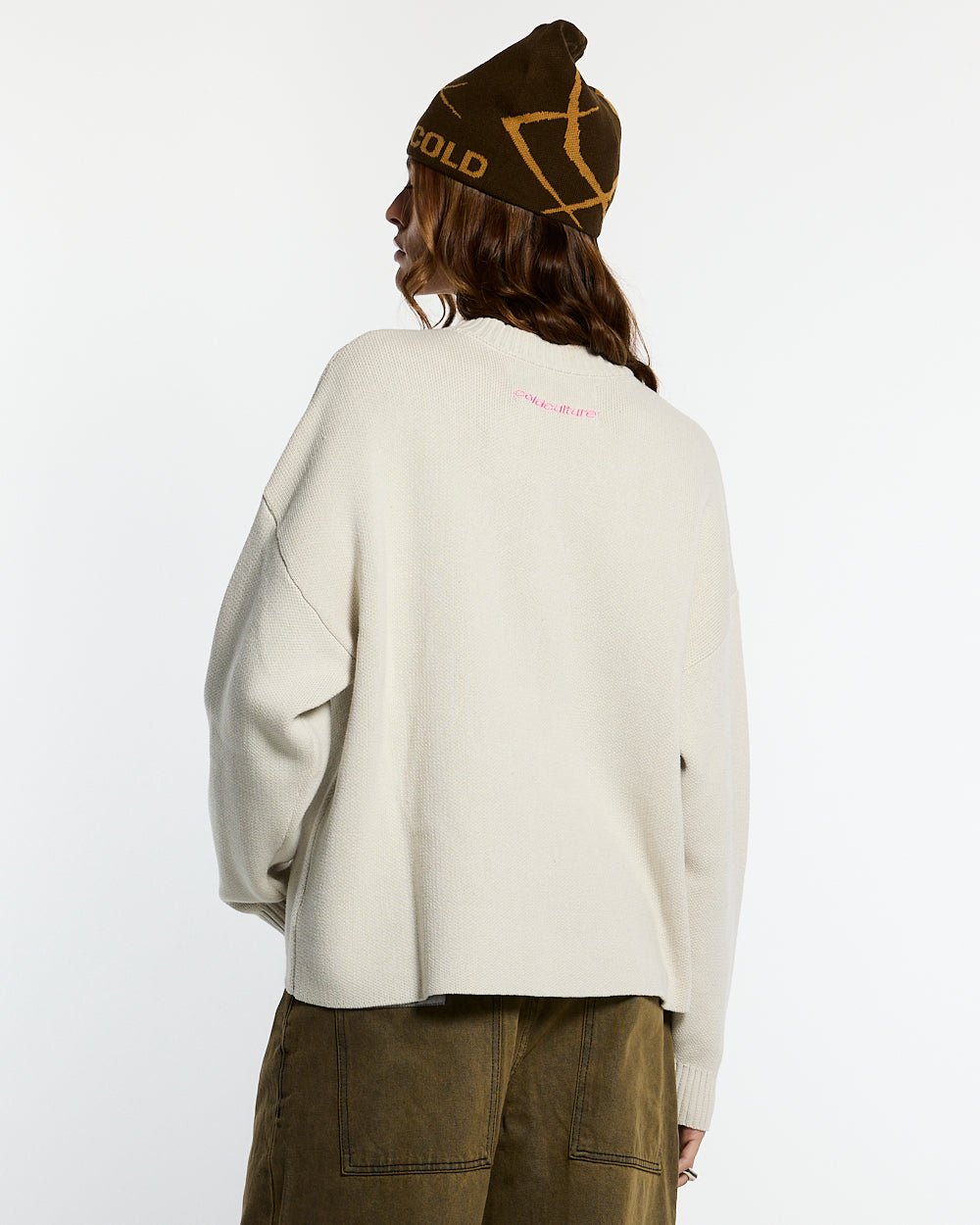 DAILY KNIT GREY - light grey graphic print knit sweater, back view on female model - Cold Culture #woman