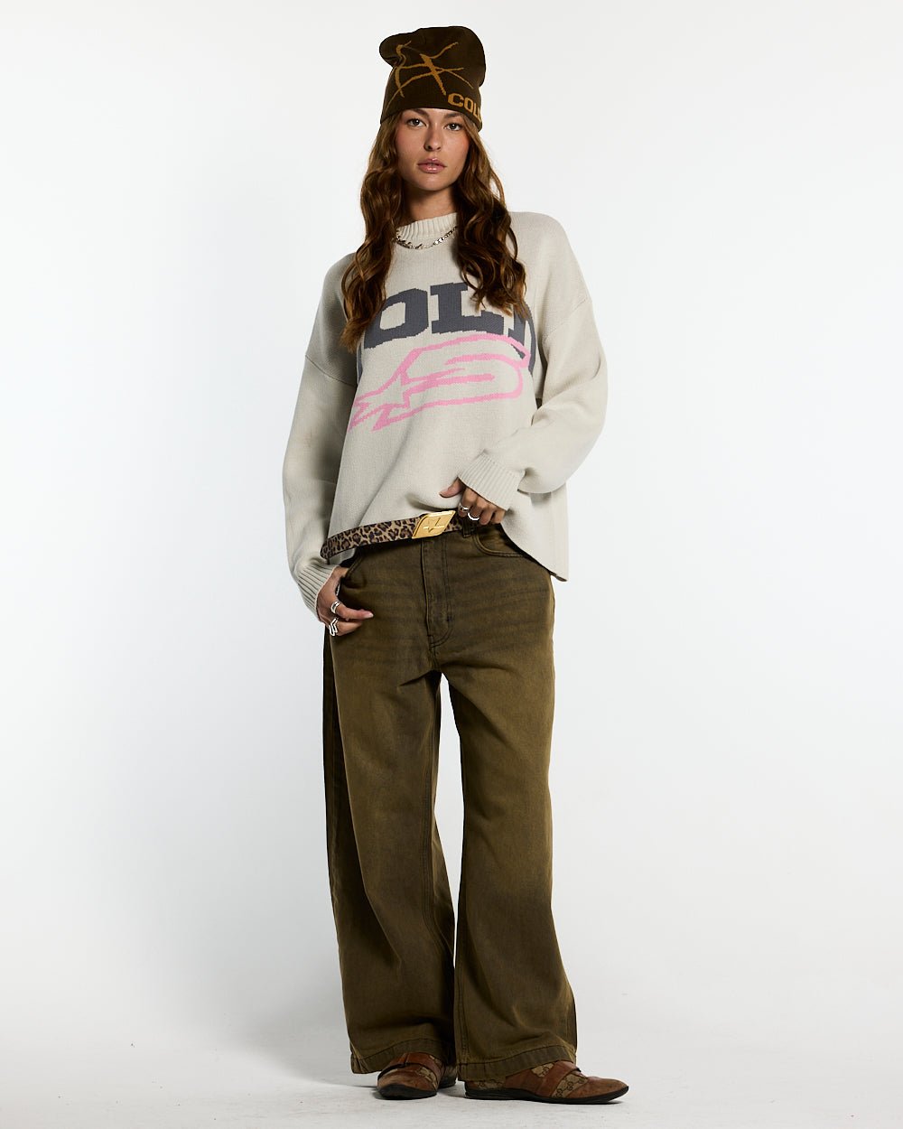 DAILY KNIT GREY - light grey graphic print knit sweater, front view on female model - Cold Culture #woman