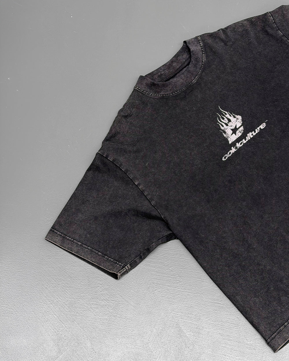 DARK FLAMES TEE BLACK - washed black tee, detail close-up - Cold Culture