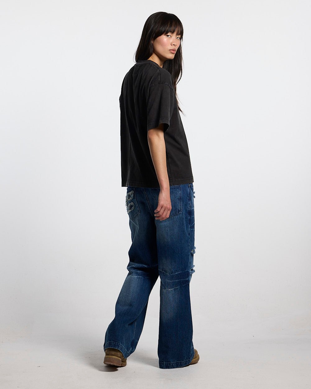 DARK FLAMES TEE BLACK - washed black tee, back view on female model - Cold Culture #woman