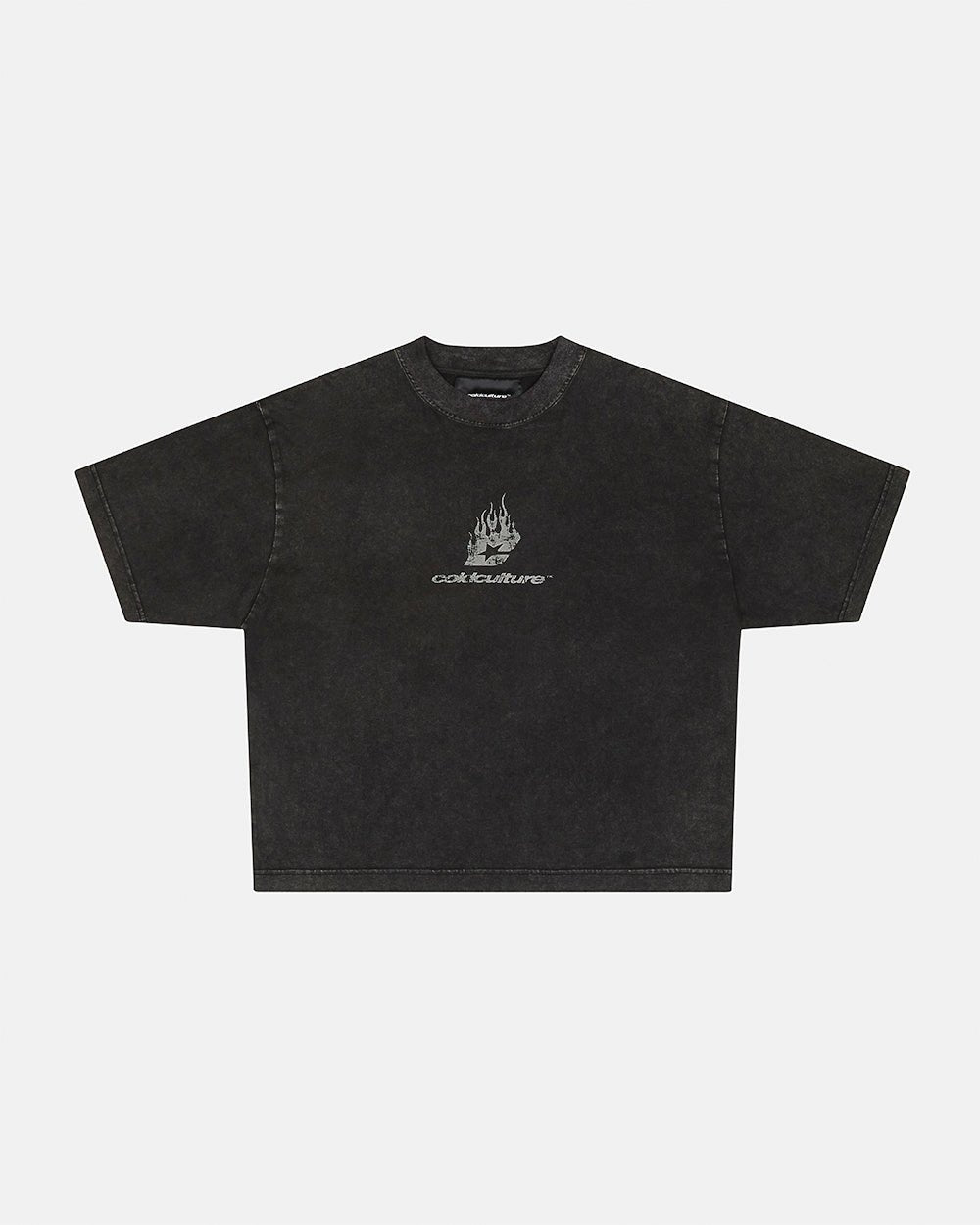 DARK FLAMES TEE BLACK - washed black tee, front view - Cold Culture #packshot