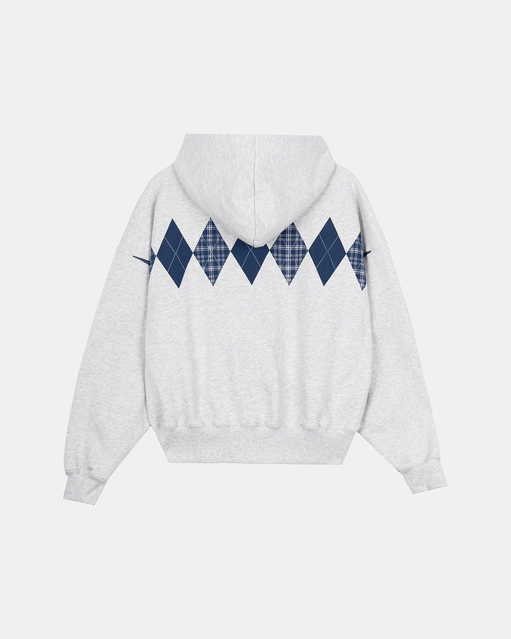DECADE ZIP HOODIE HEATHER GREY - heather grey argyle zip hoodie, back view - Cold Culture #packshot