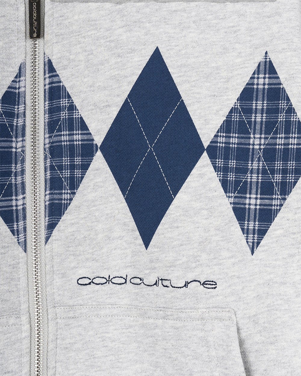 DECADE ZIP HOODIE HEATHER GREY - heather grey argyle zip hoodie, detail close-up - Cold Culture