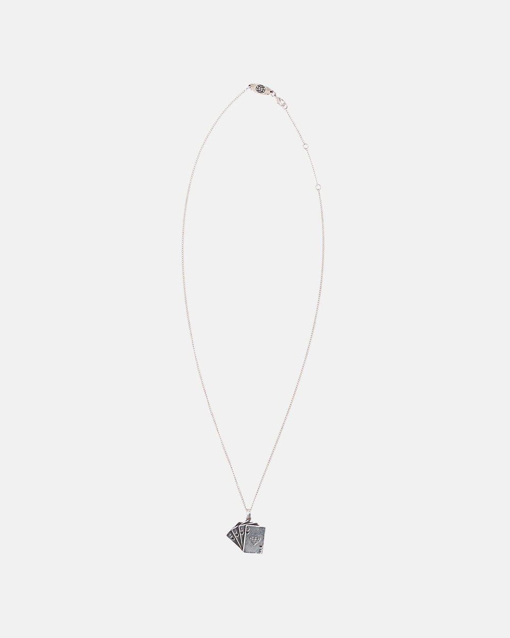 DECK NECKLACE - silver playing cards pendant necklace, flat lay - Cold Culture #packshot