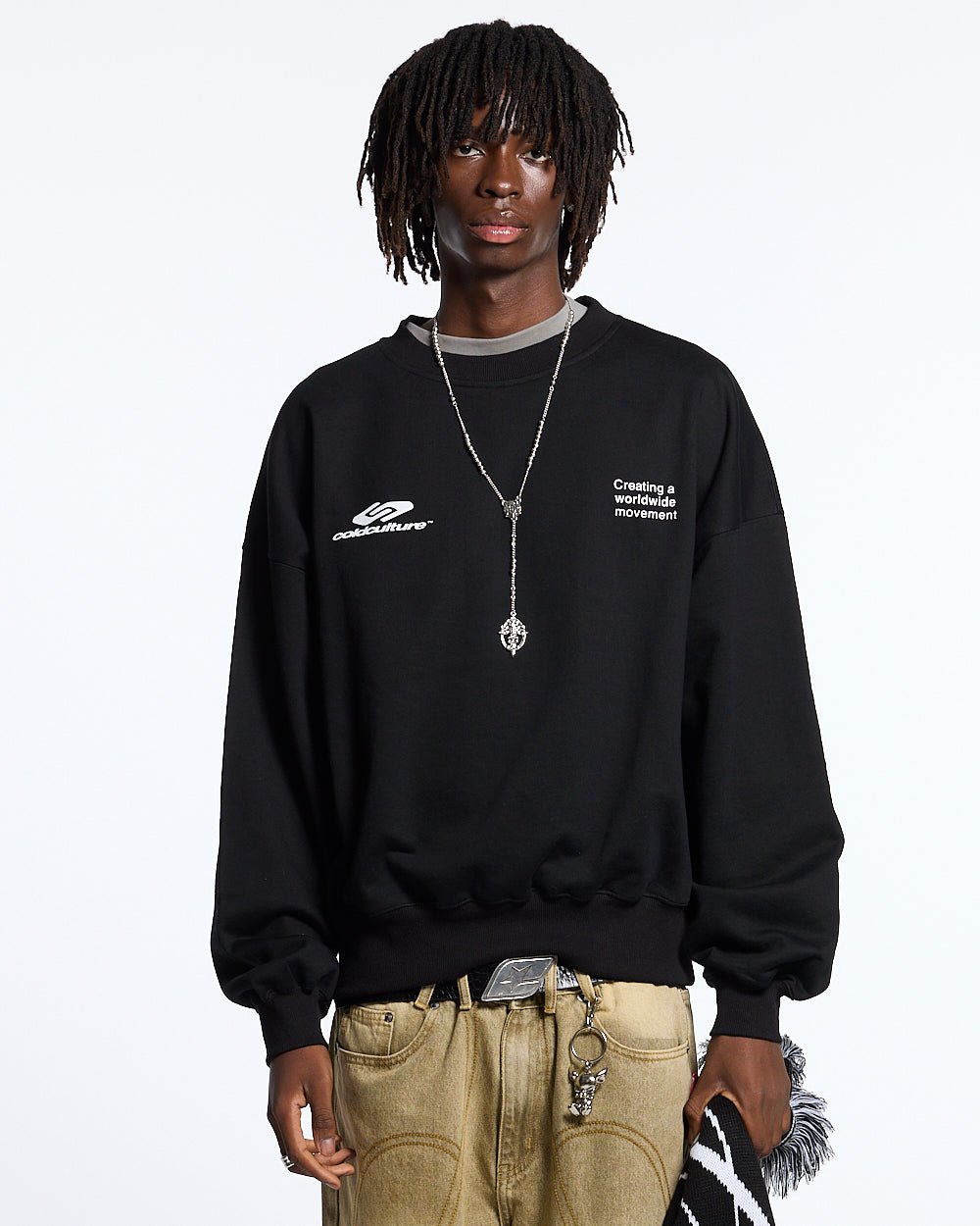 DEFENSE CREWNECK BLACK - black oversized crewneck sweatshirt, front view on male model - Cold Culture #man