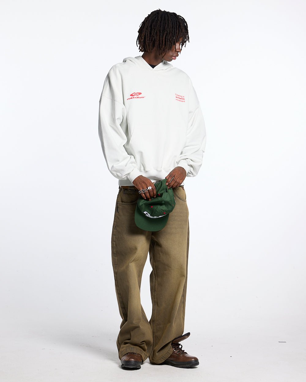 DEFENSE HOODIE LIGHT GREY & RED - light grey graphic print hoodie, front view on male model - Cold Culture #man