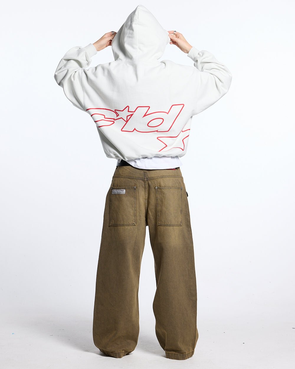 DEFENSE HOODIE LIGHT GREY & RED - light grey graphic print hoodie, back view on female model - Cold Culture #woman