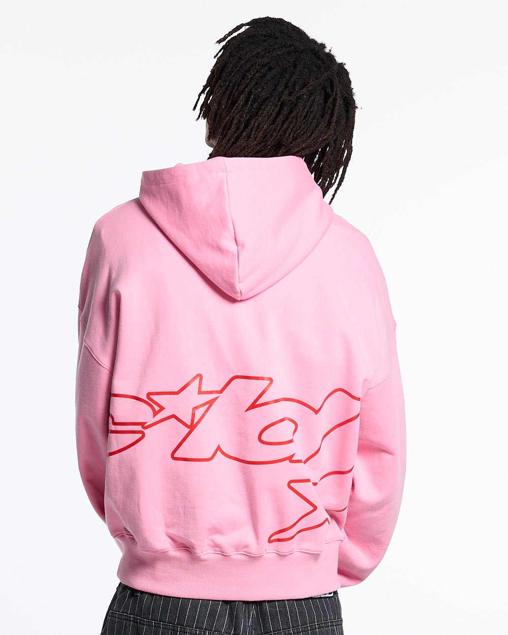 DEFENSE HOODIE PINK AND RED - pink oversized hoodie, back view on male model - Cold Culture #man