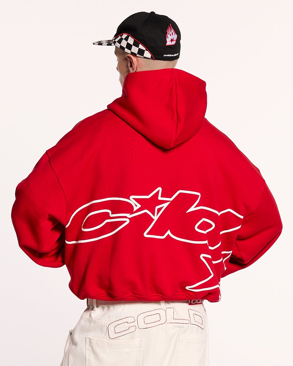 DEFENSE HOODIE RED - red graphic print hoodie, back view on male model - Cold Culture
