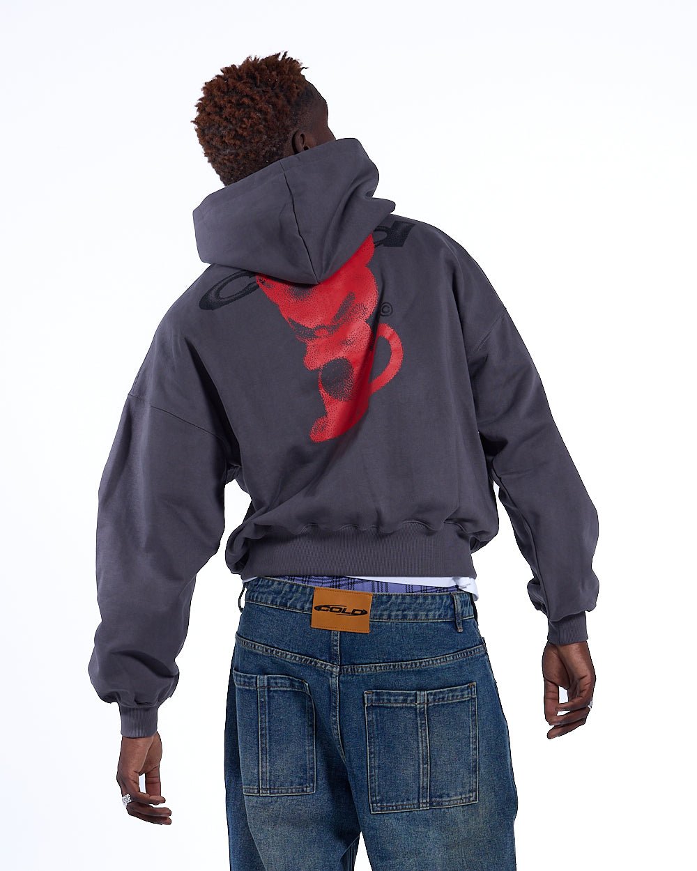 DEMON HOODIE GREY - grey graphic print hoodie, back view on male model - Cold Culture
