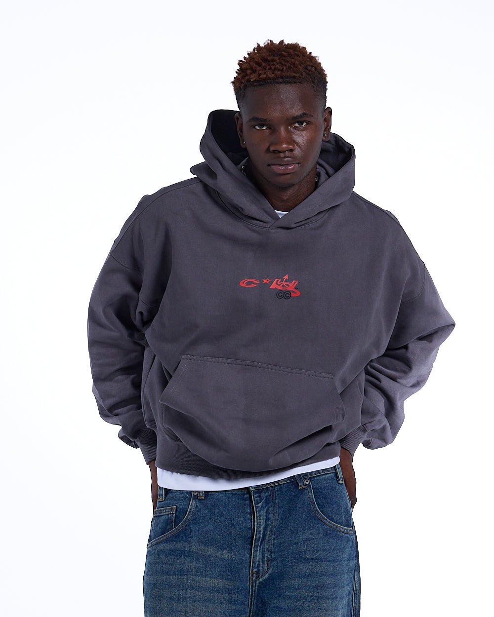 DEMON HOODIE GREY - grey graphic print hoodie, front view on male model - Cold Culture #man