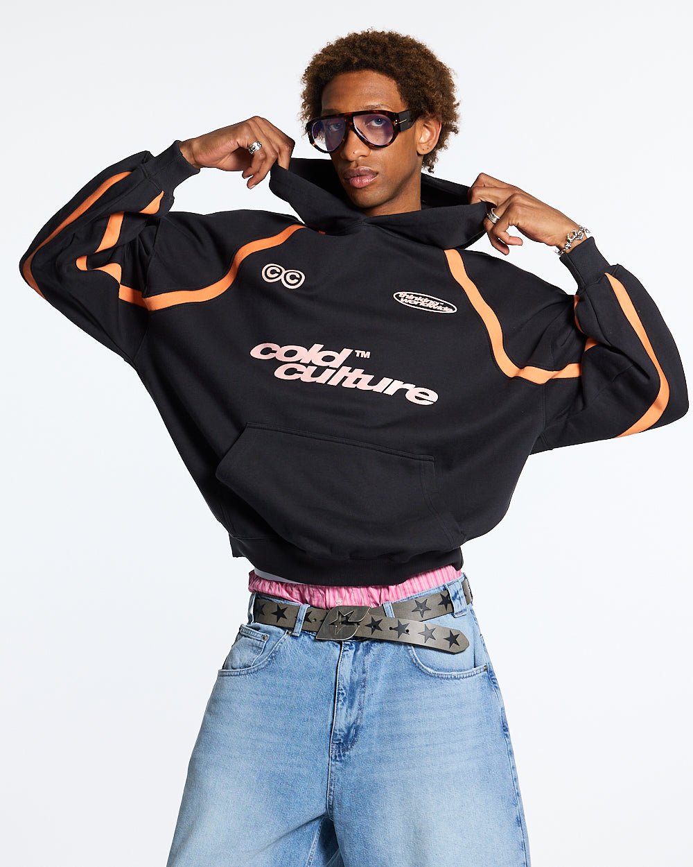 DETAILED HOODIE BLACK - black and orange hoodie, front view on male model - Cold Culture #man