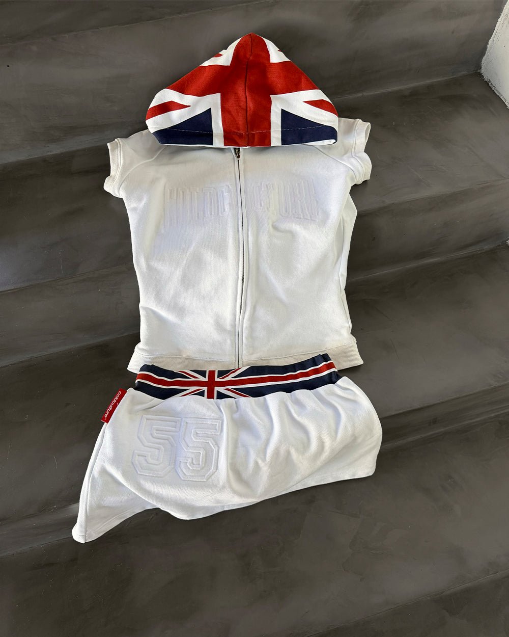 DIANA MINI SKIRT WHITE - white flag waistband mini skirt, flat lay with matching pieces - Cold Culture