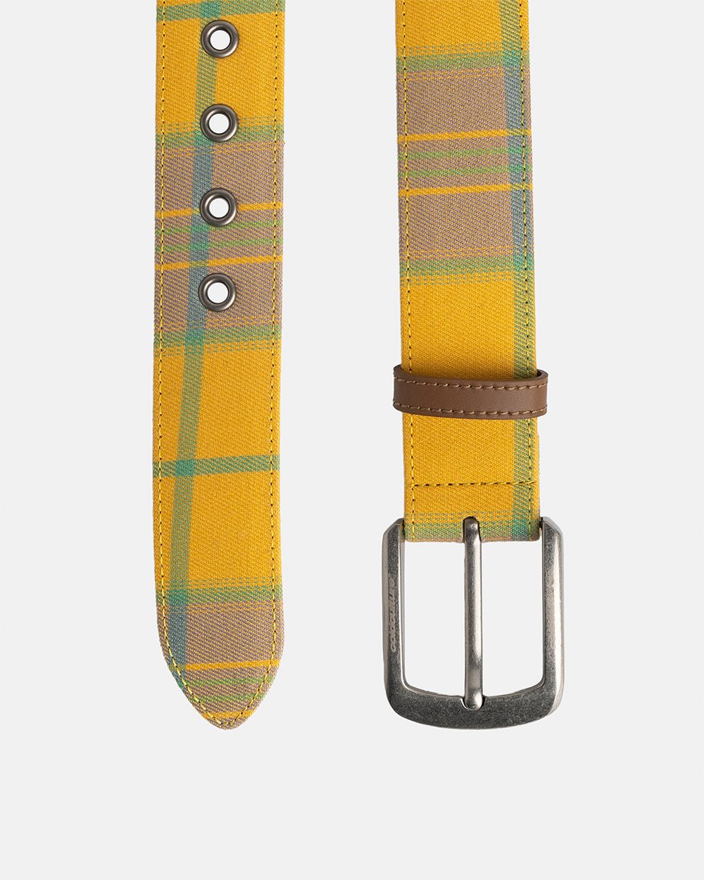 DINING CHECK BELT YELLOW TARTAN - yellow tartan belt, detail close-up - Cold Culture