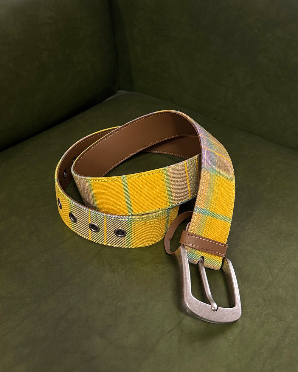 DINING CHECK BELT YELLOW TARTAN - yellow tartan belt, flat lay - Cold Culture