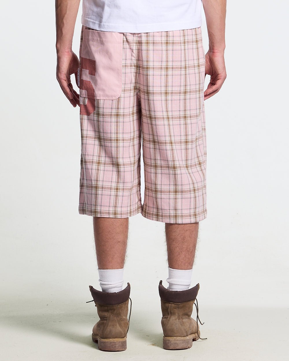 DINING CHECK JORTS PINK - pink checkered shorts, back view on male model - Cold Culture